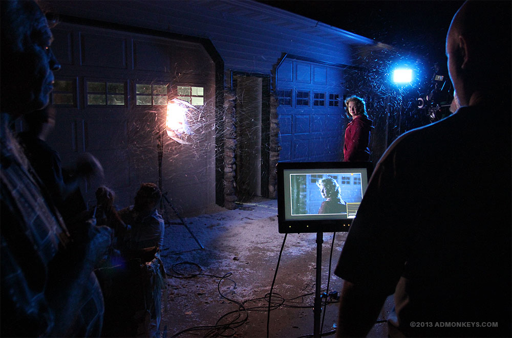 admonkeys_CaseStudy_HOE_PowerOut_Snow+Tag A camera crew film a woman outdoors in a simulated snowy conditions.